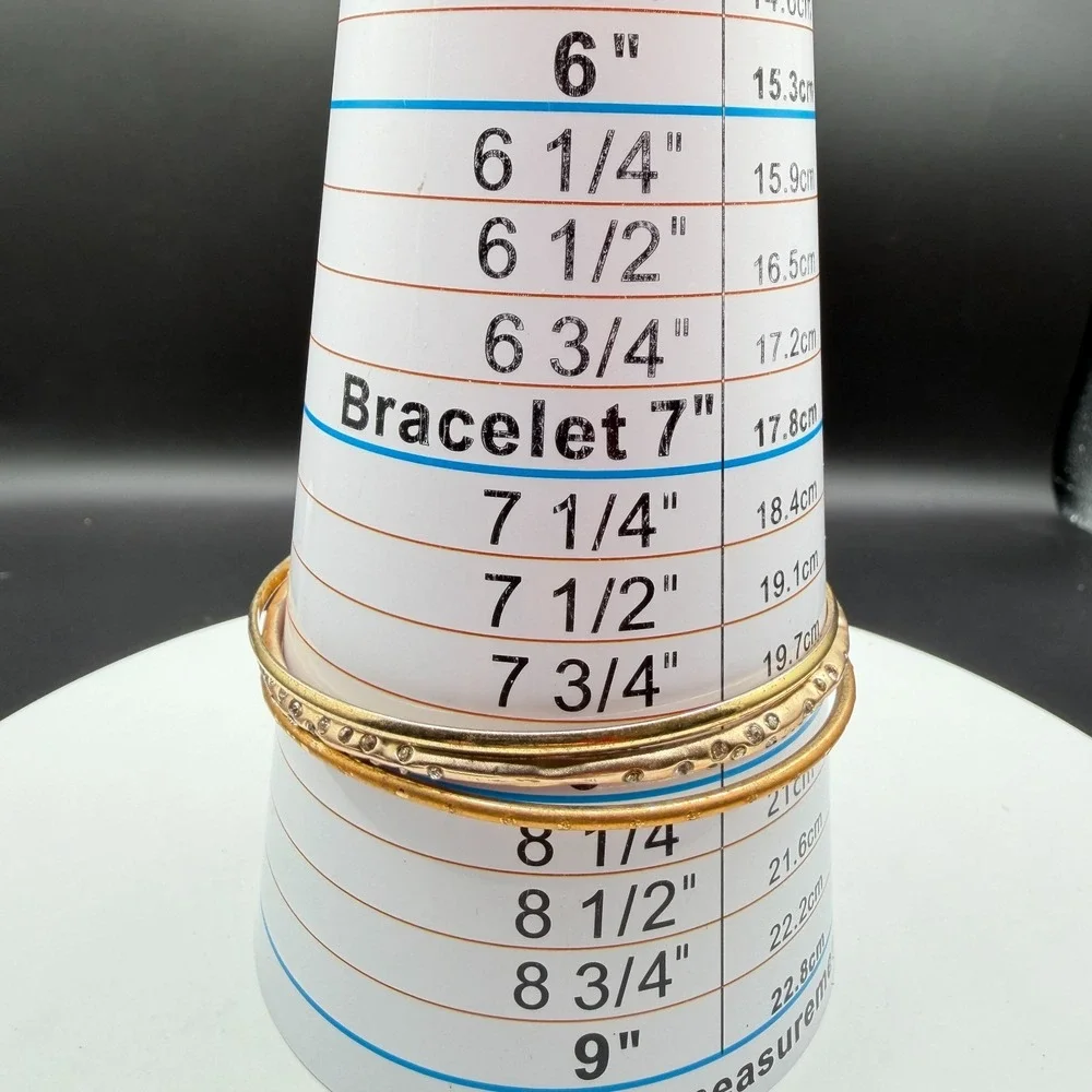 Gold Tone Triple Bangle Bracelet Clear Faceted Bead Dangle Rhinestone Stack Set
